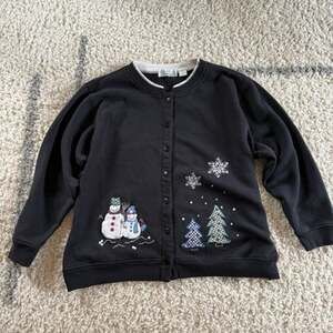 Vtg Shenanigans Womens 2X Ugly Christmas Embroidered Cardigan Sweater Black